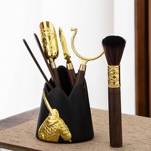 DIF DECO Tea Ceremony Set Ceramic Holder Wood Scoop Needle Clip Brush Gold Black